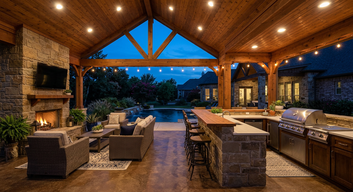 Back Porch and Outdoor Kitchen at Dusk